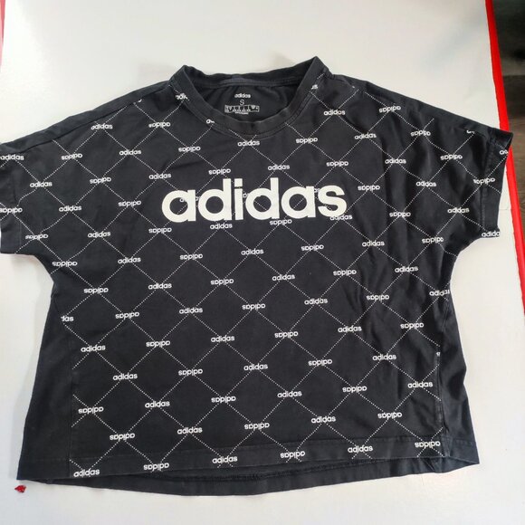 Adidas loose fit cropped T-shirt black with graphic design women's size S - Picture 1 of 7